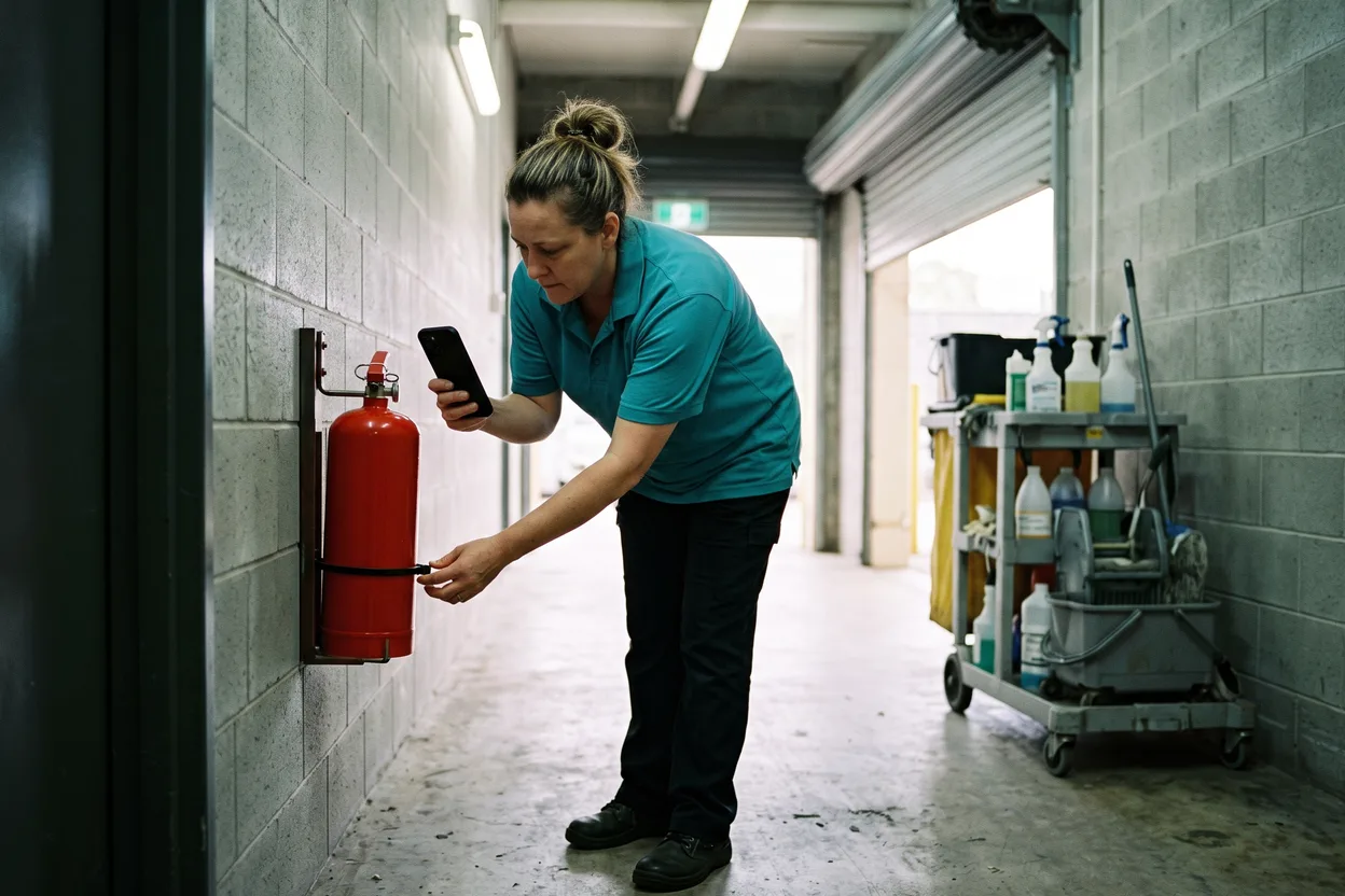 A cleaner records a fire extinguisher check on her phone in the back-of-house corridor of a shopping centre