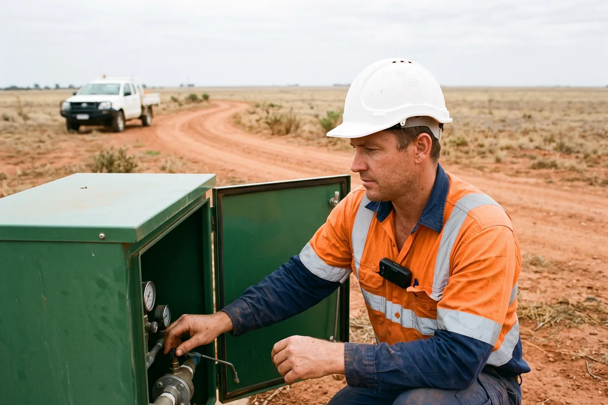 A water-utility technician works alone at a remote pump station, a small alarm clipped to his vest