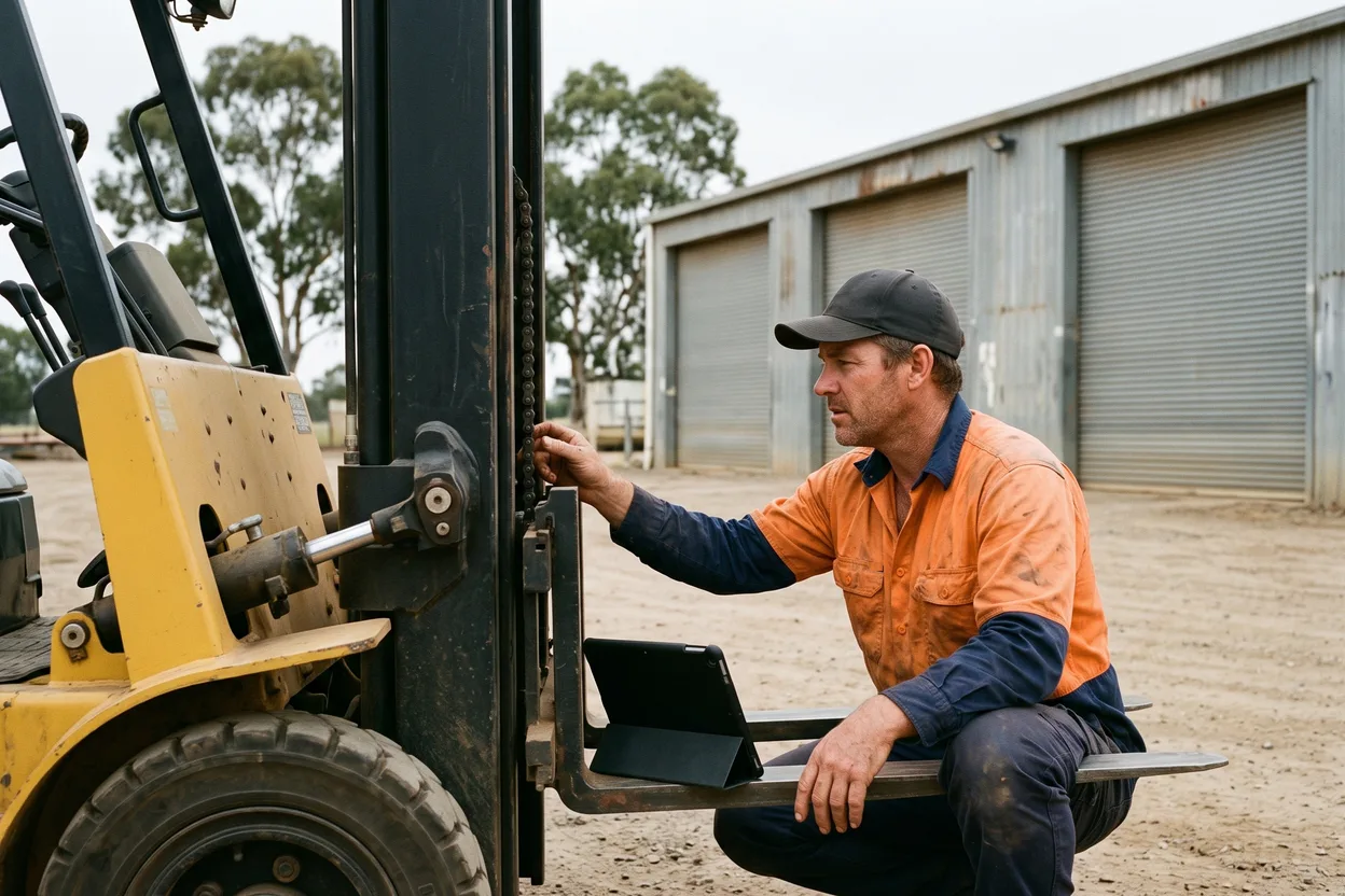 A warehouse supervisor crouches beside a forklift doing a pre-start check, a tablet propped on the forks