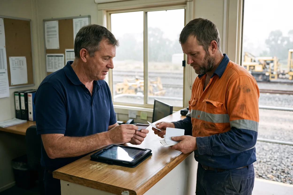 A supervisor checks a worker licence card against a tablet at the counter of a rail depot site office