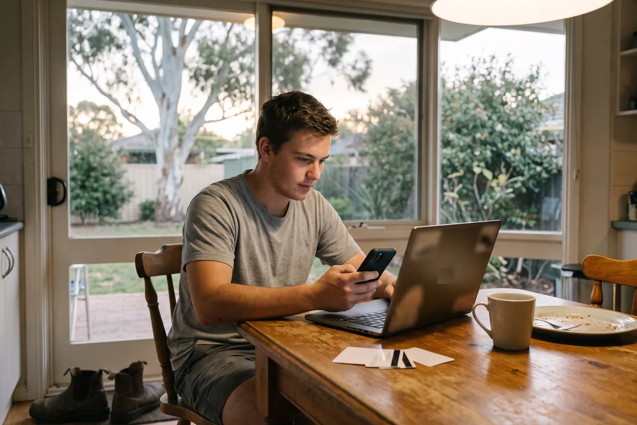 An apprentice electrician uploads photos of his licence cards from his phone to a laptop at his kitchen table