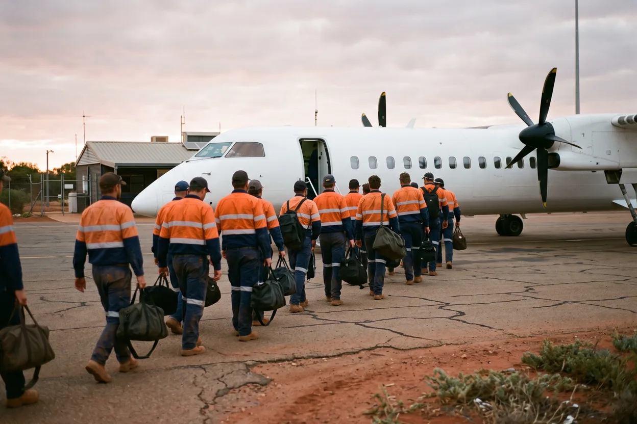Fly-in fly-out workers in hi-vis walk single file with duffel bags towards a charter aircraft at an outback airport at dawn
