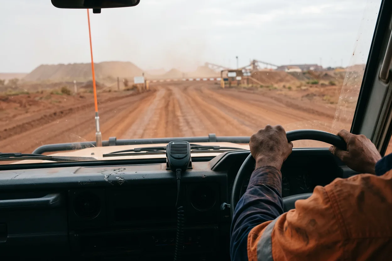 A driver keeps both hands on the wheel of a four-wheel-drive on a red-dirt haul road towards a mine site gate