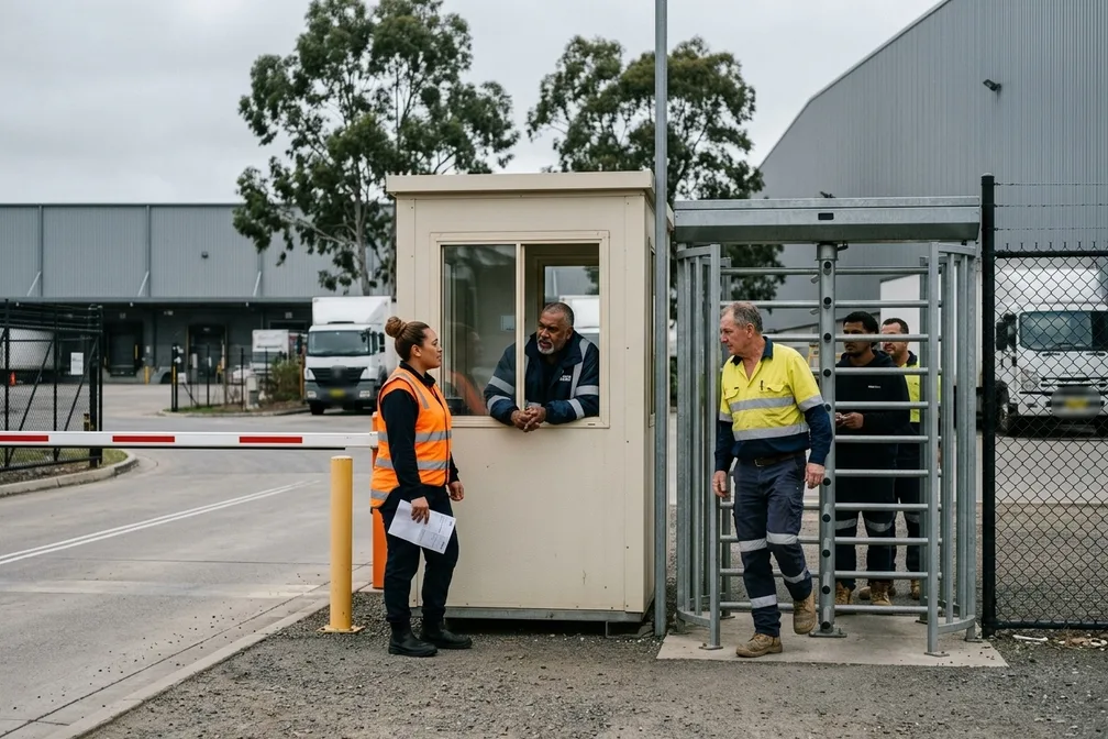Workers passing through a pedestrian turnstile at a distribution centre gatehouse at shift change, while the gatehouse officer talks with a truck driver beside a lowered boom gate