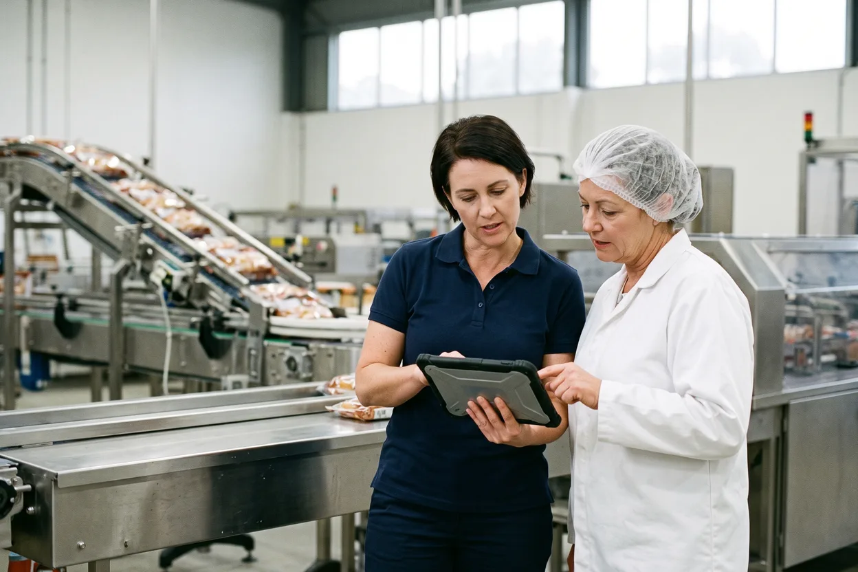 A safety officer and a line supervisor go through an incident report on a tablet beside a packing line in a food factory