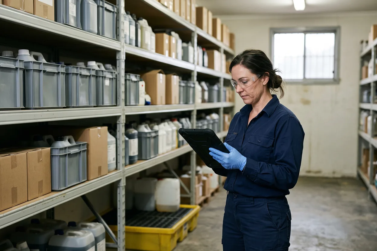 A woman in safety glasses and gloves checks a tablet beside shelving of plain containers in a factory chemical store