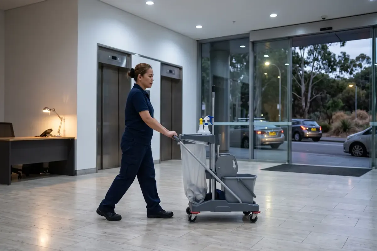 A commercial cleaner in a navy uniform pushing a cleaning trolley across the stone-floored lobby of an office building at dusk, past the lifts and an empty lamp-lit desk