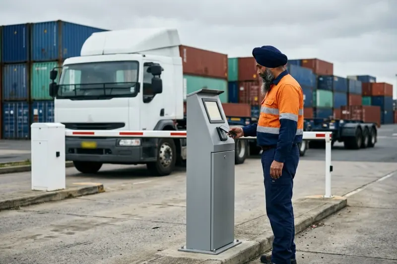 A truck driver holding a phone to a kiosk beside a boom gate at a container depot, stacked containers behind