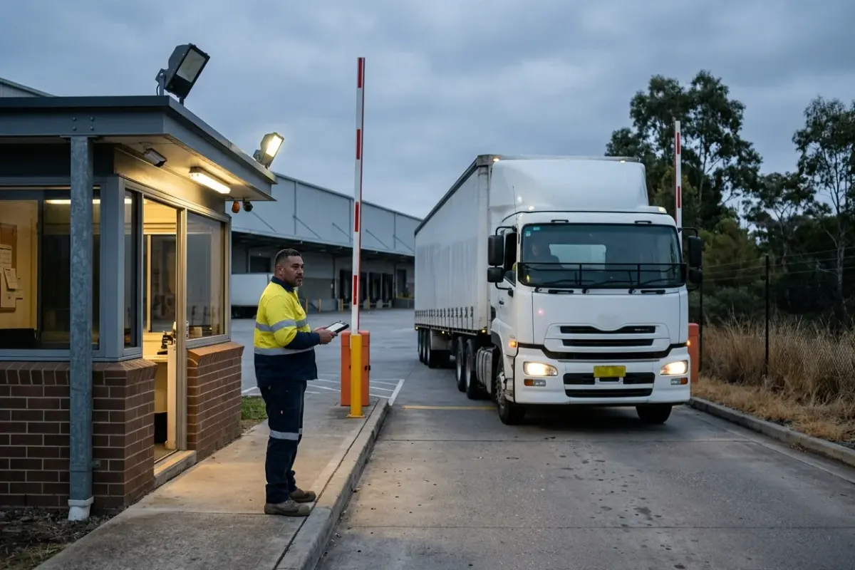 A site manager with a tablet at the gatehouse of a distribution centre at dawn, a boom gate raised as a prime mover waits to enter