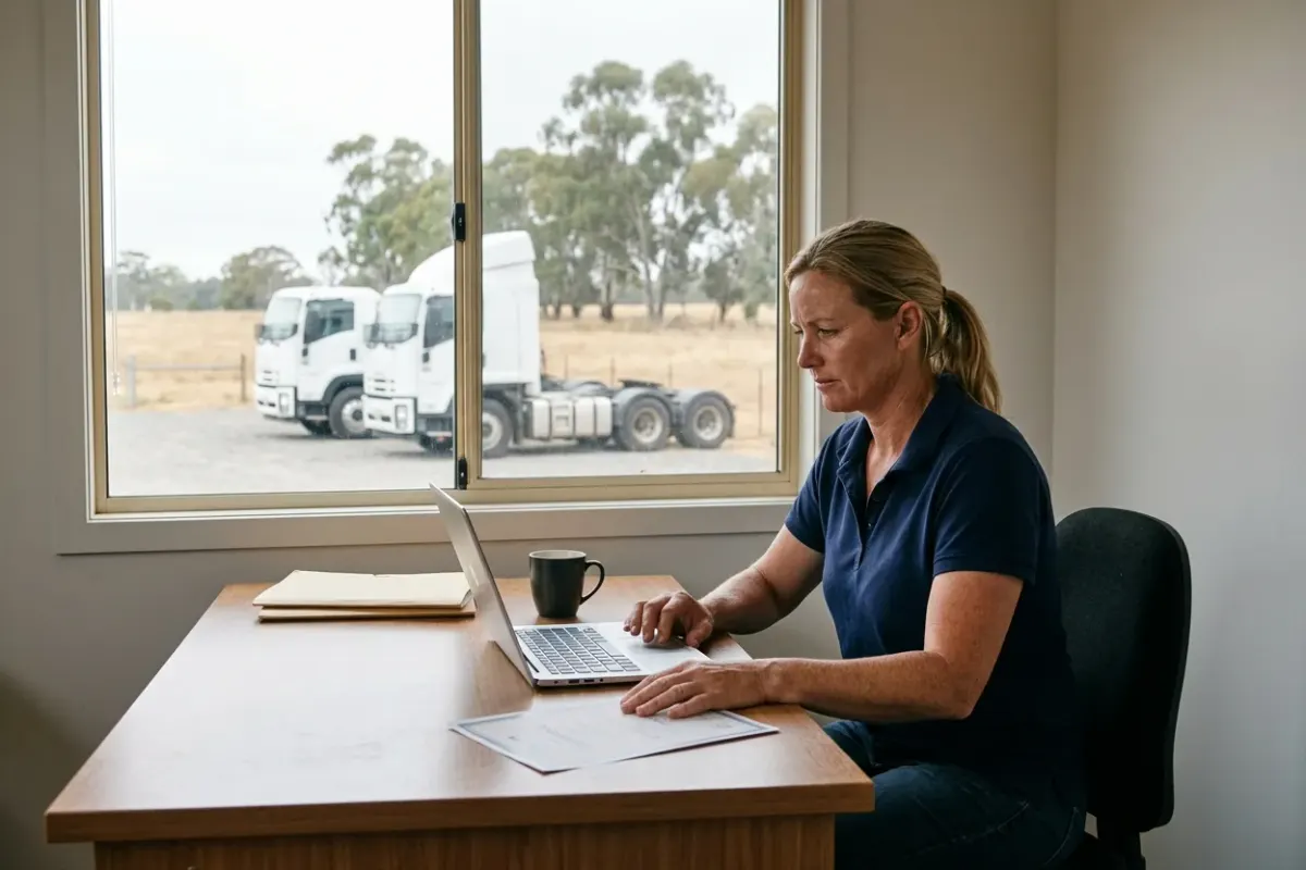 A safety manager at a regional carrier's depot office reading a contractor registration on a laptop, prime movers parked outside the window