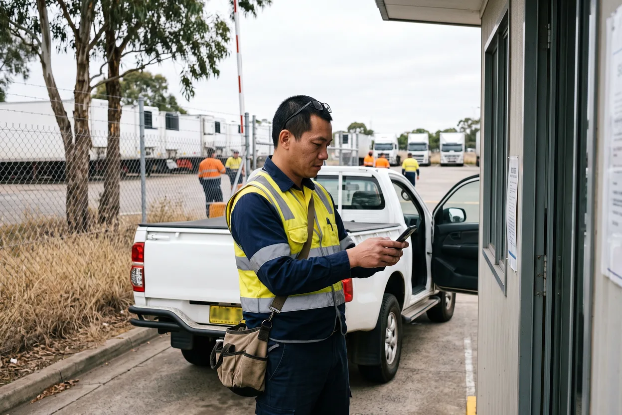 A contracted refrigeration mechanic scanning a printed sign-in notice on his phone at a road transport depot gatehouse, trailers and prime movers parked beyond the fence