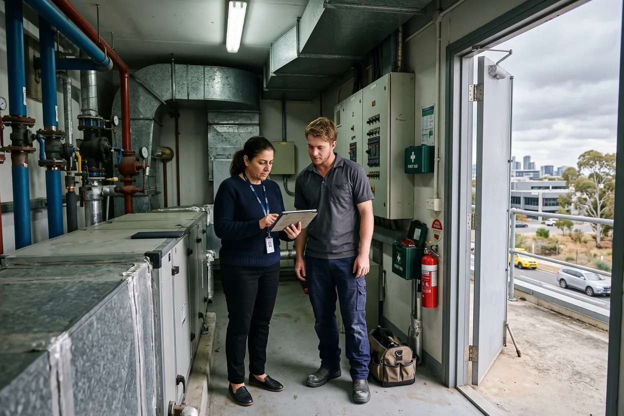 A building facilities manager and a contracted mechanical fitter reviewing a hot works permit on a tablet in a CBD rooftop plant room