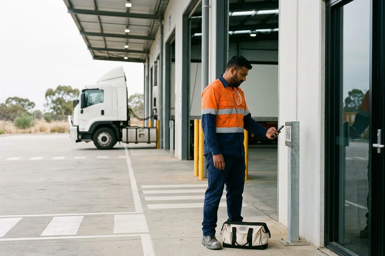A contract forklift technician in hi-vis scanning the QR sign-in code beside the dock office door of a distribution centre with his phone, a toolbag at his feet and loading docks behind him