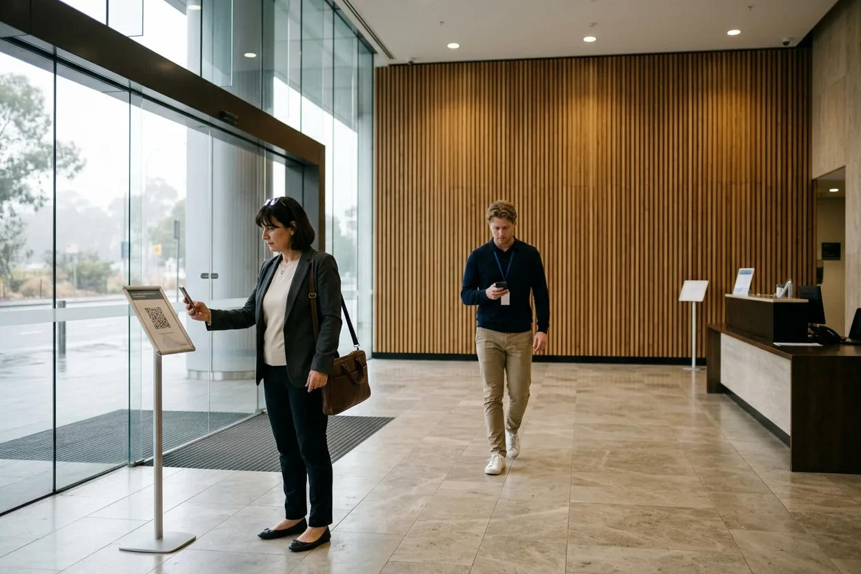 A visitor in a commercial office tower lobby scanning the QR sign-in code on a stand with her phone, while the building’s facilities coordinator crosses the lobby to meet her