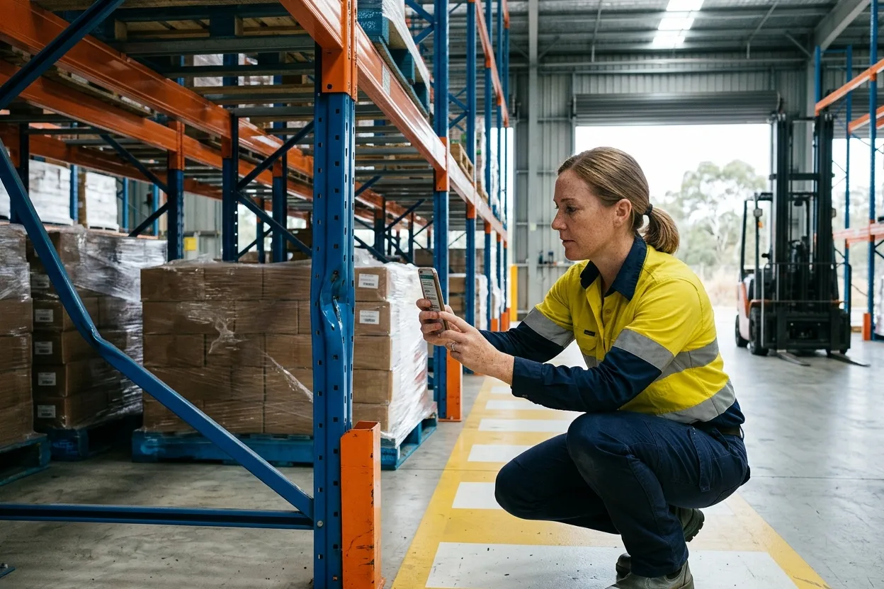 A safety adviser in a distribution centre photographing a damaged racking upright on her phone during a scheduled inspection, a forklift parked in the aisle behind her