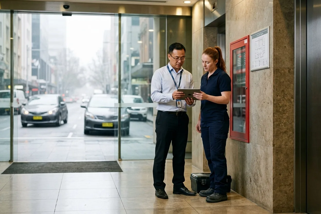 A building facilities manager and a contracted fire services technician checking the site’s evacuation diagram and asbestos register on a tablet beside a fire indicator panel in a commercial building lobby