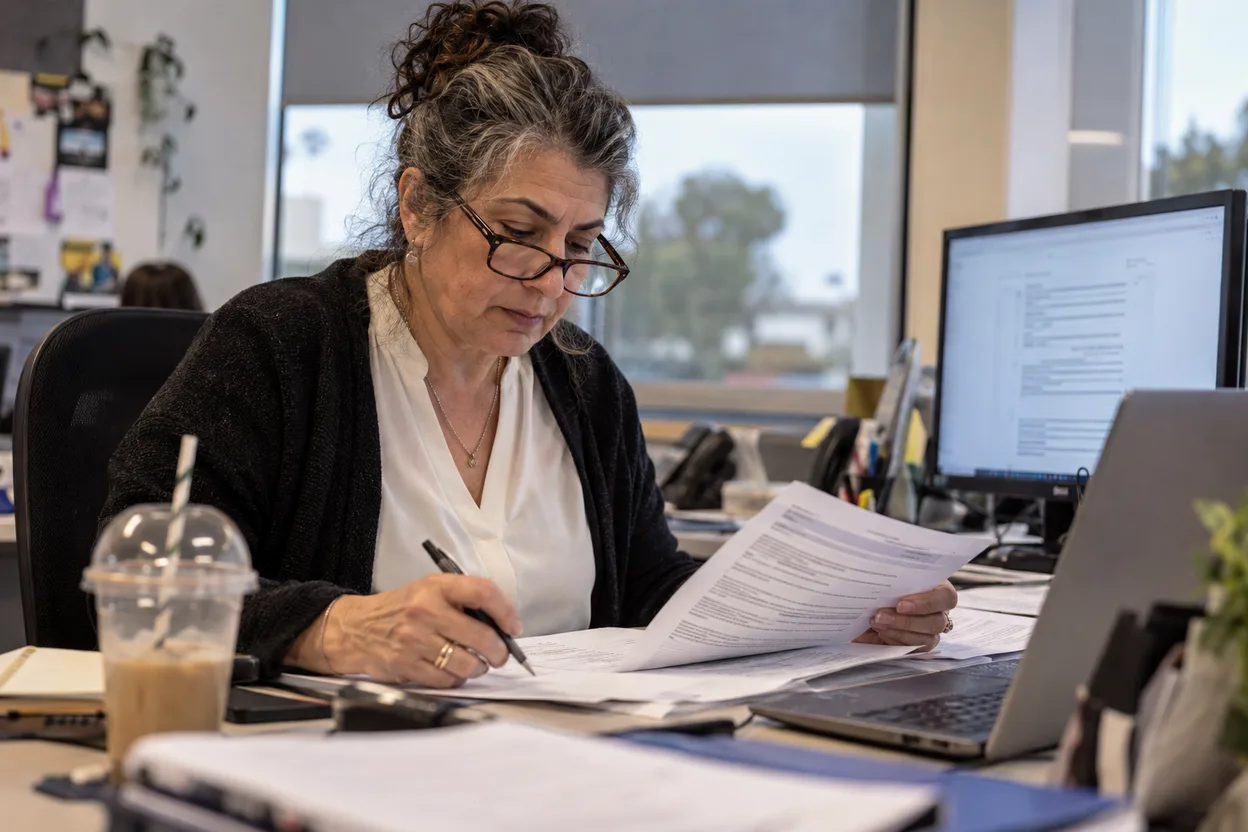 A procurement reviewer working through a printed supplier security questionnaire beside a laptop, pen in hand, a second monitor showing a document