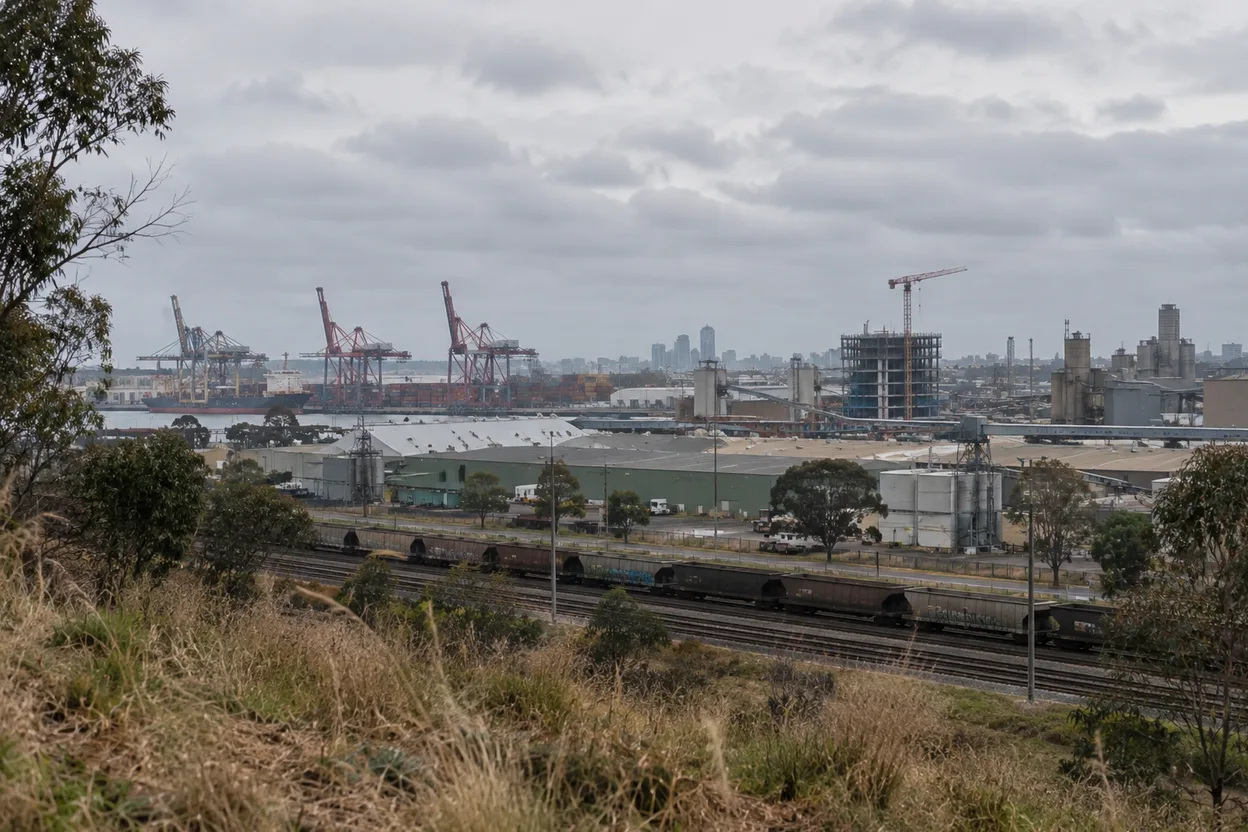 The industrial edge of an Australian city on an overcast morning: port cranes, a plant roofline, a construction tower crane, and freight rail behind dry grass and eucalypts