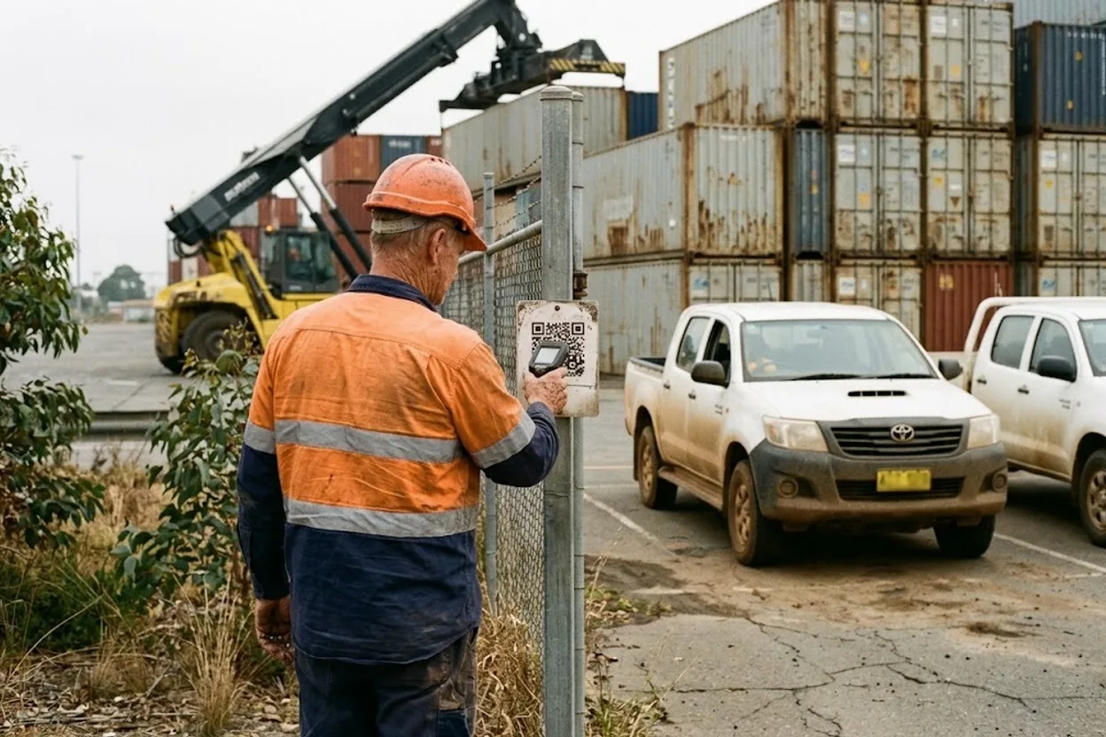 A stevedore in hi-vis and a hard hat scanning a QR sign-in code at a container terminal gate, stacked containers and a reachstacker behind him