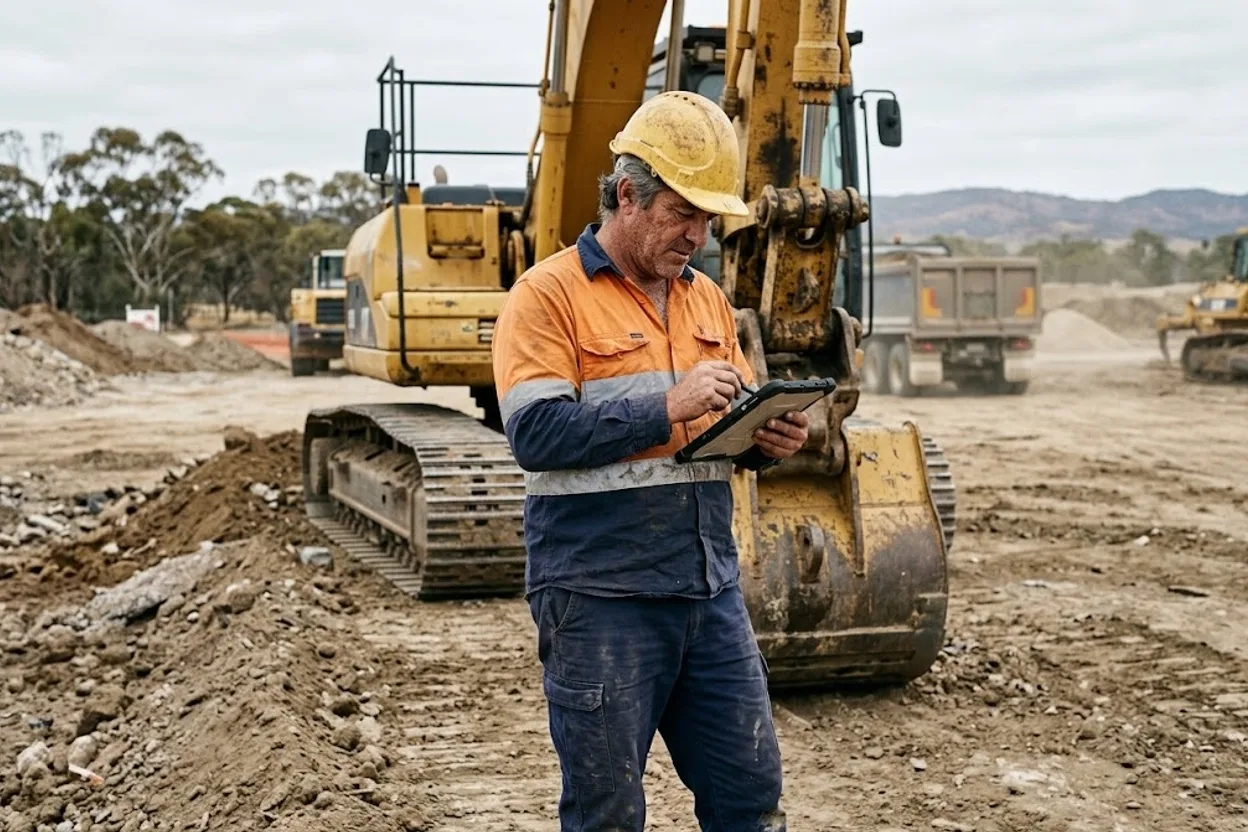 A plant operator in hi-vis completing a prestart checklist on a tablet in front of an excavator on an active earthworks site