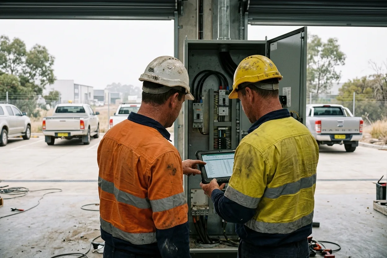 Two commissioning engineers reviewing an integrated systems test checklist on a tablet beside an open switchboard in a new-build hall