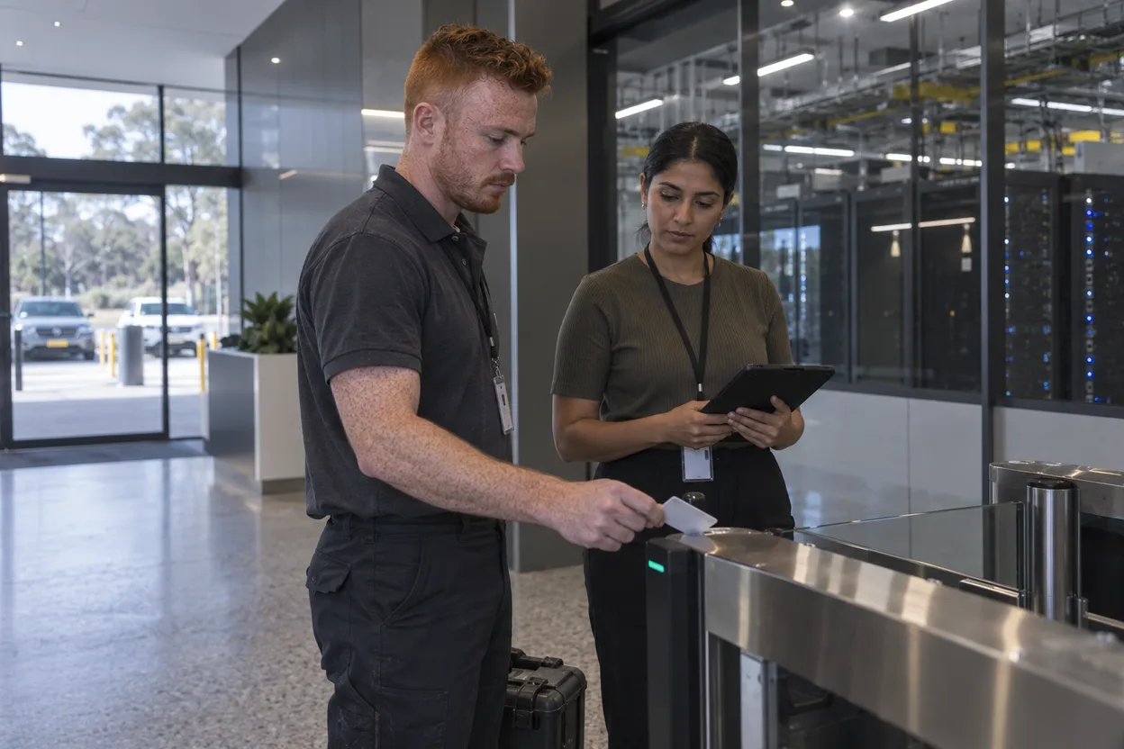 A contractor badging in at a data centre security access point while an escort waits beside a tablet, server aisles visible through the glass behind them