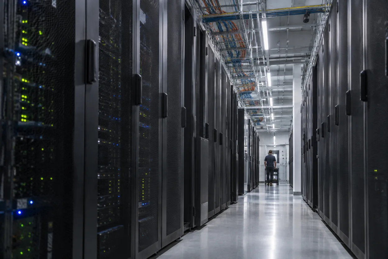 Rows of server cabinets in a data hall aisle seen from ground level, cable trays running overhead