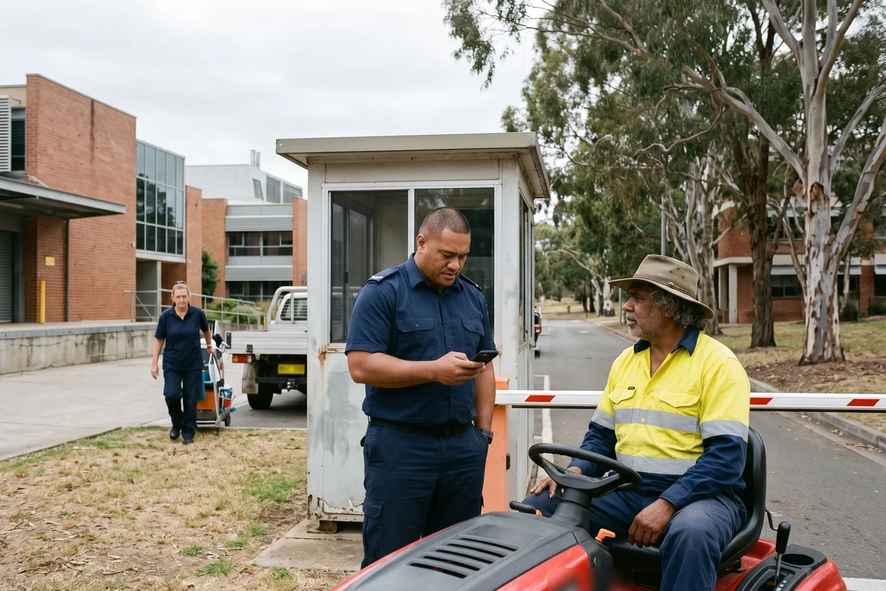 A campus security officer checking the day’s contractor list on his phone at a university service gate, talking with a grounds contractor on a ride-on mower while a contract cleaner walks to the loading dock