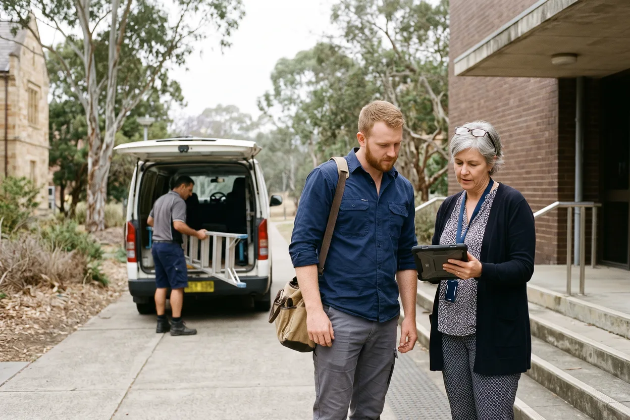 A university facilities coordinator checking a contracted electrician’s clearance on a tablet at the side entrance of a brick lecture building, a contracted HVAC technician unloading a ladder from a van behind them