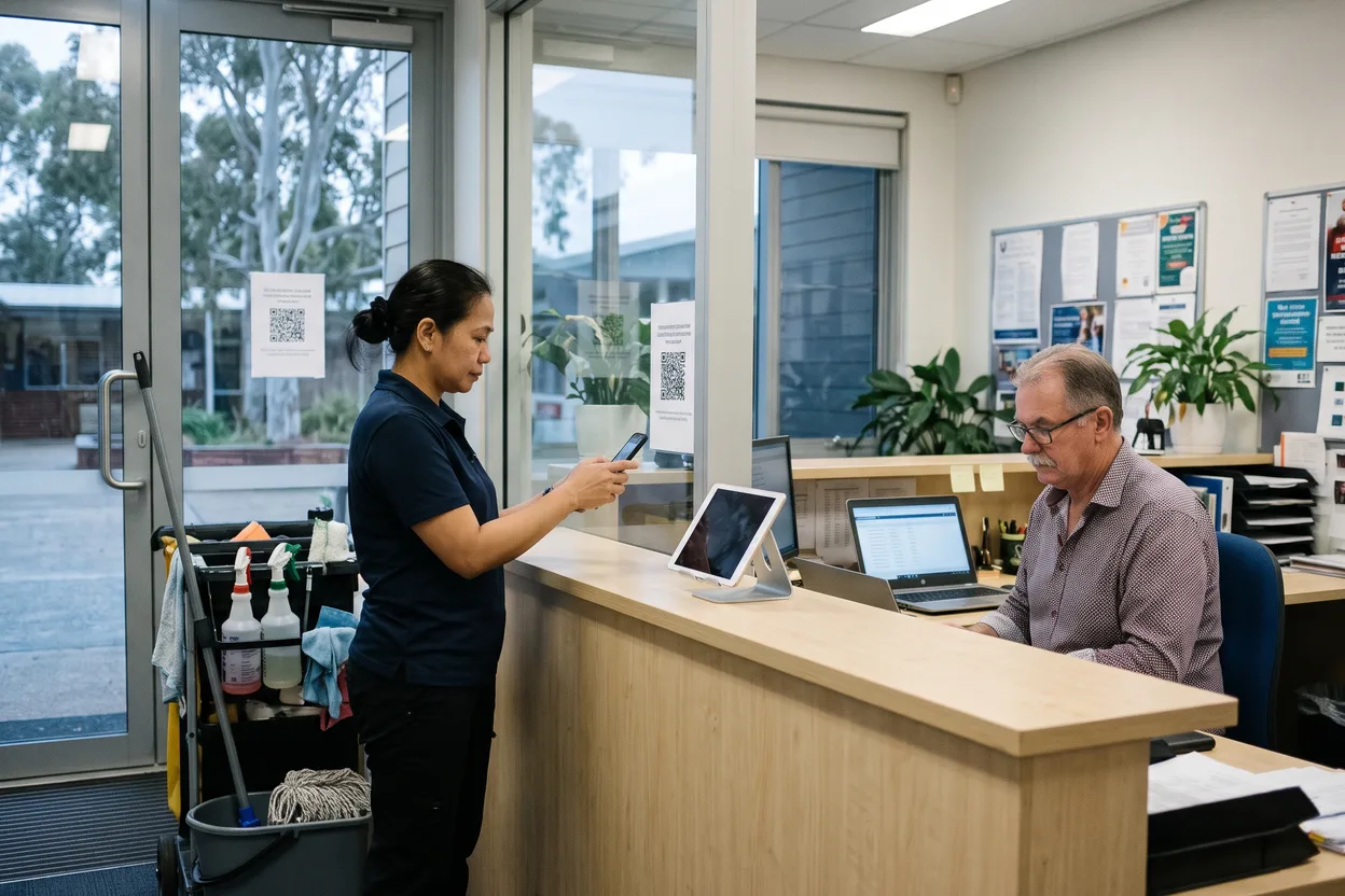 A contract cleaner scanning a QR code sign-in notice with her phone at the front office of an independent school before the day starts, the business manager at a laptop behind the counter