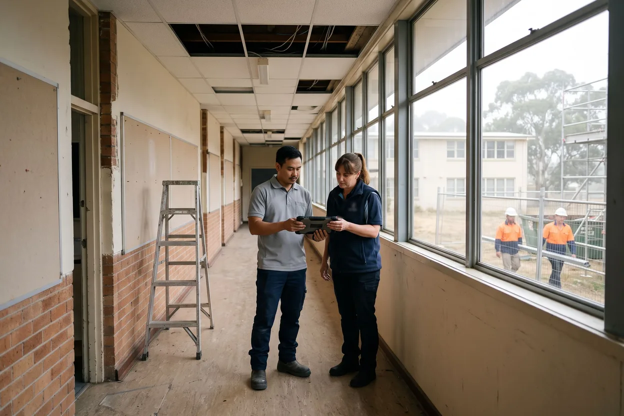 A contracted HVAC technician and a school facilities manager reading the asbestos register on a tablet in the corridor of an older classroom block during the holidays, ceiling tiles lifted and builders in hi-vis passing the scaffold outside