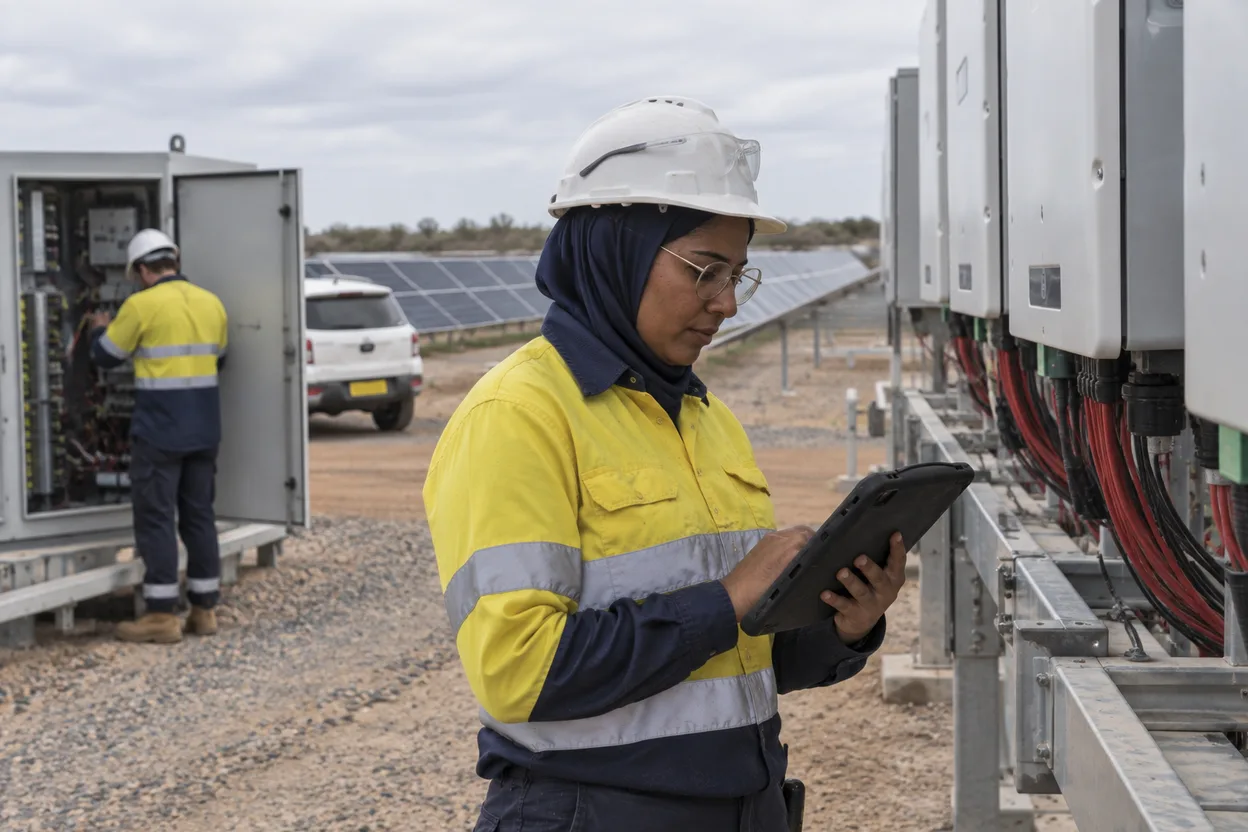 A site manager checking a tablet against a bank of inverters at a solar farm, a technician working at an open cabinet behind her