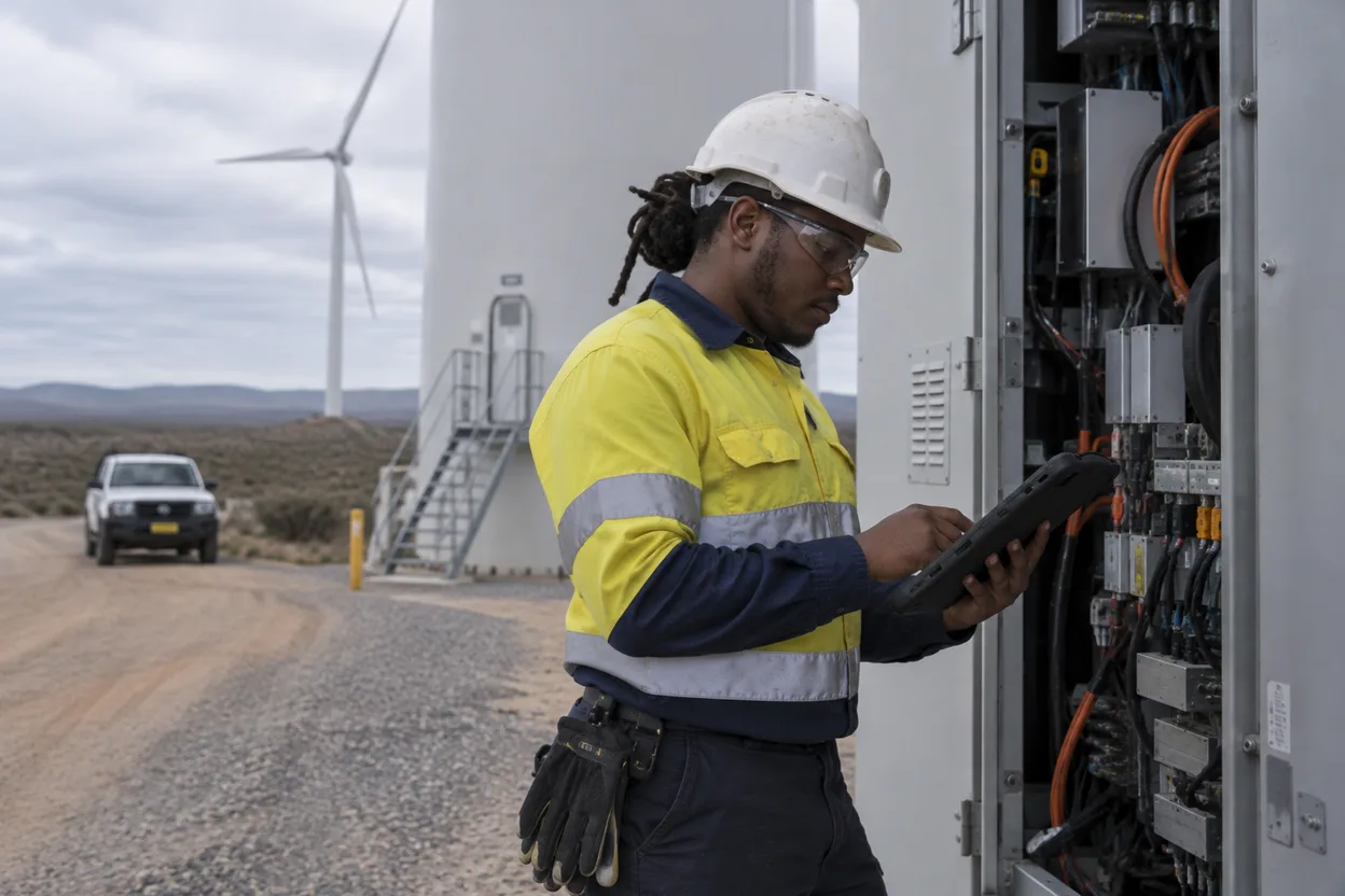 A technician standing at the open door of a wind turbine inverter cabinet, tablet in hand, the tower base and access road in the background