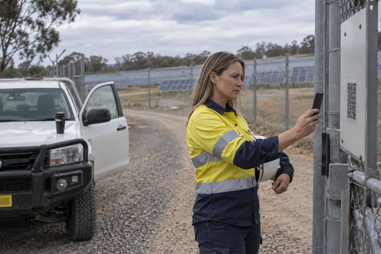 A technician in high-vis scanning a QR code at the compound gate of a solar farm, rows of panels and the access track visible behind the fence line