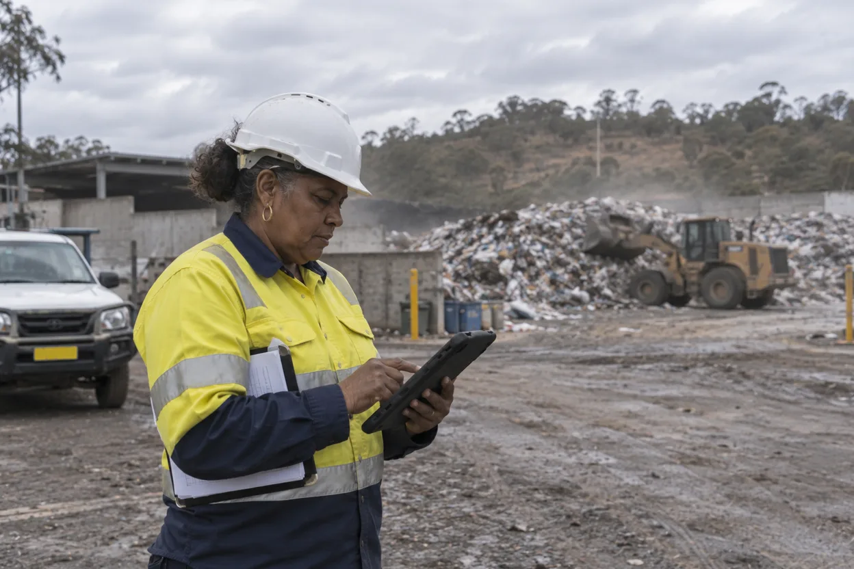 A site supervisor in hi-vis checking a tablet at a transfer station, a wheel loader working the tip face behind her