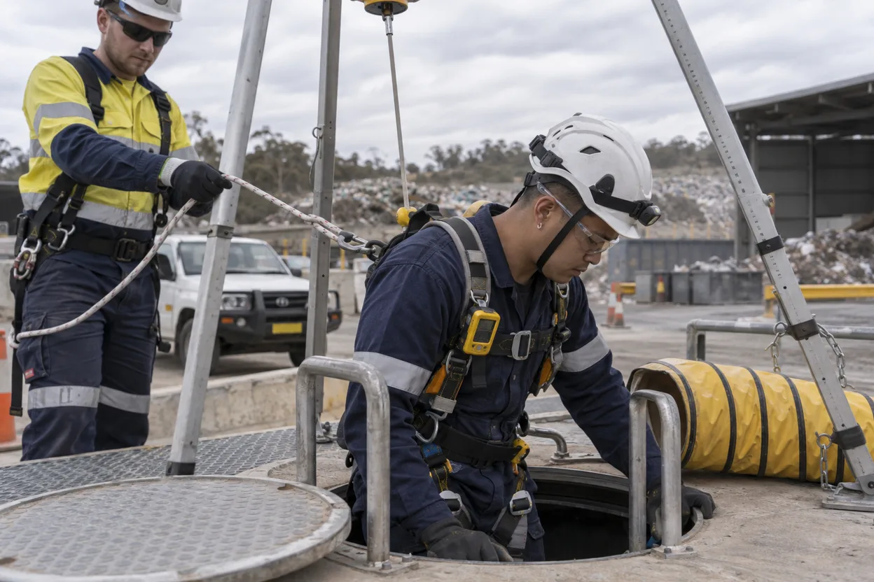 A Worker in full PPE with a gas detector clipped to his harness, standing at the open hatch of a confined space entry point with a standby colleague beside him
