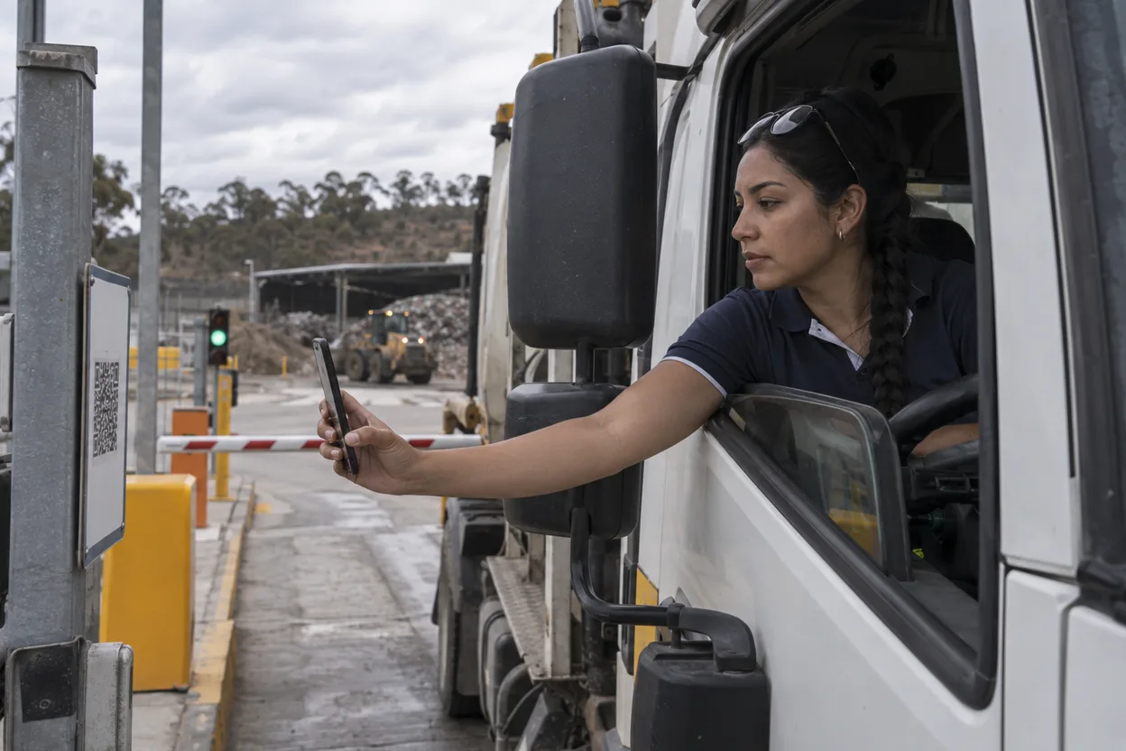 A driver in hi-vis scanning a QR code sign-in notice at a weighbridge gatehouse, a loaded collection truck queued behind the boom gate