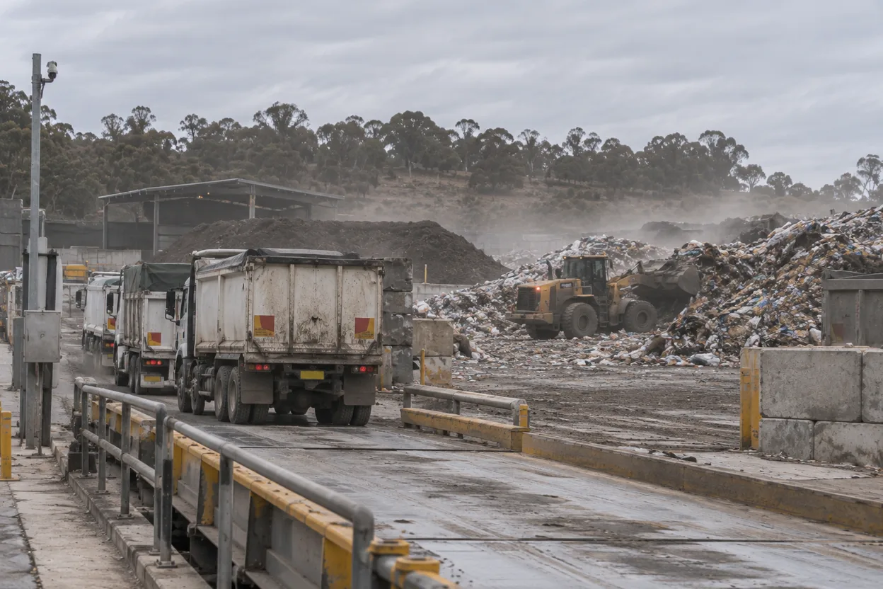 A transfer station tip face seen from the weighbridge, a loader working the face and a queue of trucks waiting to tip