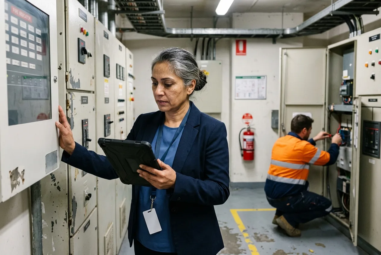 A building manager checking a tablet against a wall of switchboards in a plant room, a contractor in hi-vis working at an open panel behind her