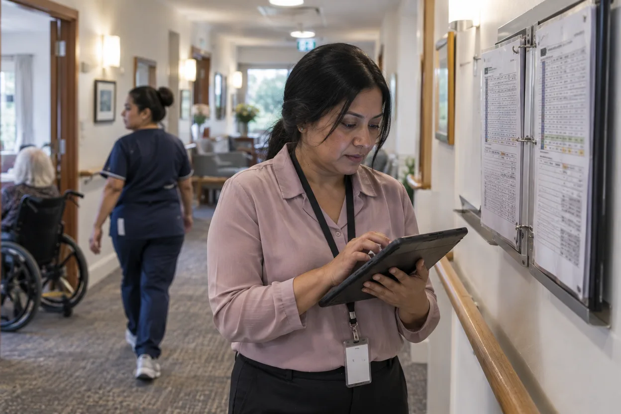 A quality manager checking a tablet against a wall-mounted immunisation register in the corridor of a residential aged care home, a personal care Worker passing behind her