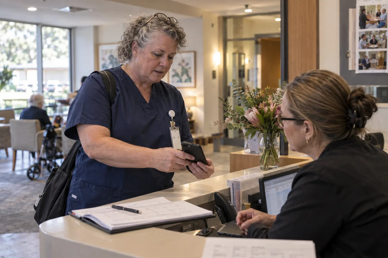 A personal care Worker showing an immunisation record on her phone to a receptionist at the front desk of a residential aged care home
