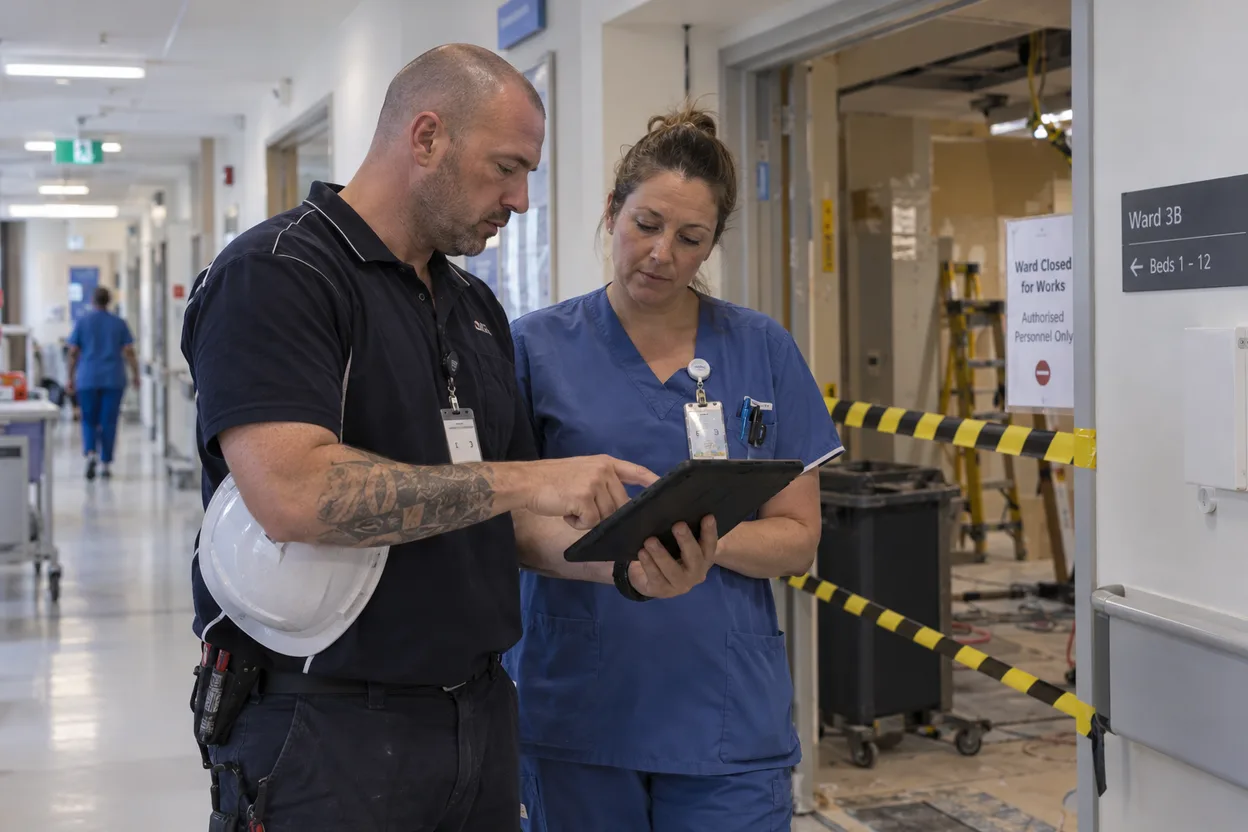 A facilities contractor and an infection prevention and control nurse reviewing a permit on a tablet outside a ward under renovation, warning tape across the doorway behind them