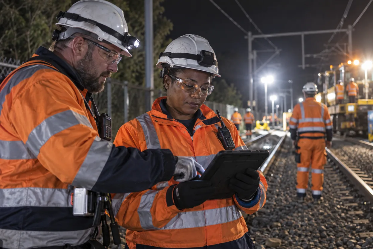 An HSE manager and a protection officer checking a tablet at the edge of a rail corridor possession, a track Worker in the background under floodlights