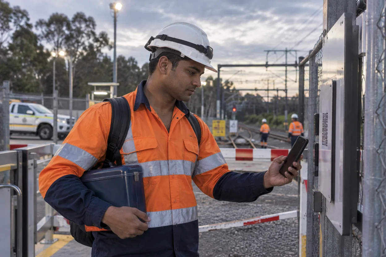 A track Worker in hi-vis scanning a QR sign-in board at a rail corridor access gate, red and white possession barriers marking the boundary behind him