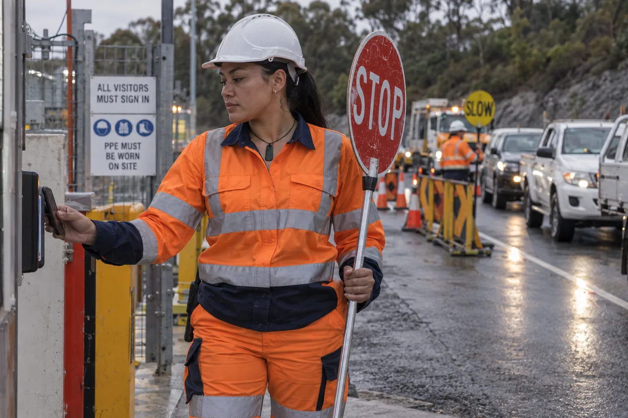 A traffic controller in high-visibility gear scanning in at a worksite gate beside a portable stop-slow sign on a live road, utes queued behind temporary barriers