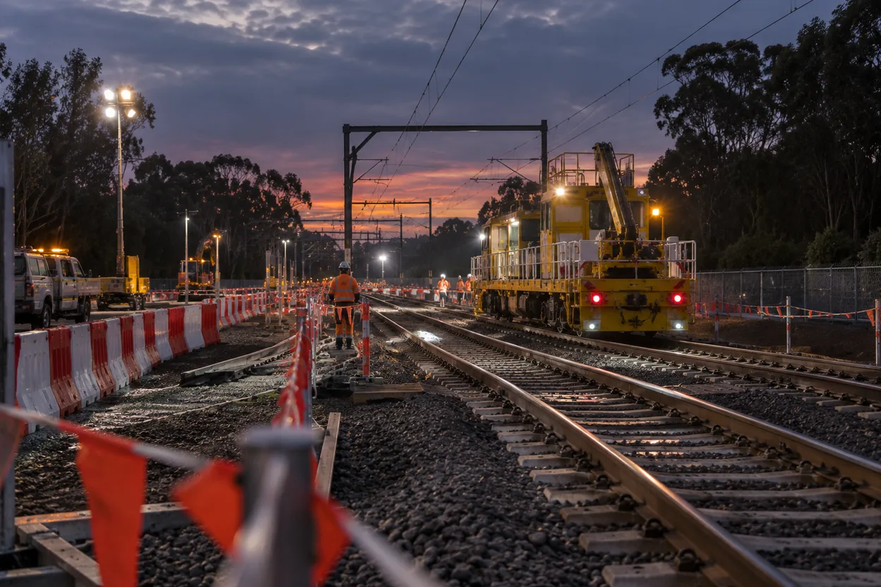 A rail corridor at dusk with a possession underway, red and white barriers marking the protected work area and a maintenance vehicle parked on the track