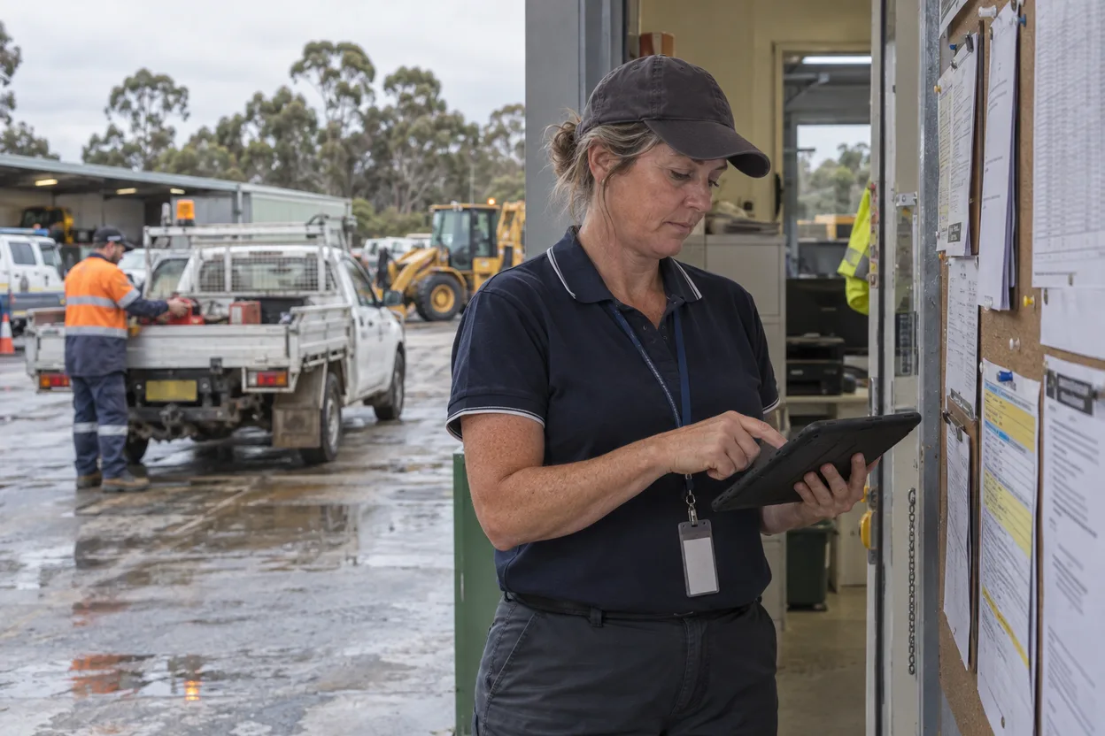 A governance officer checking a tablet against a noticeboard of permits at a council depot, a contractor in hi-vis working beside a ute in the background