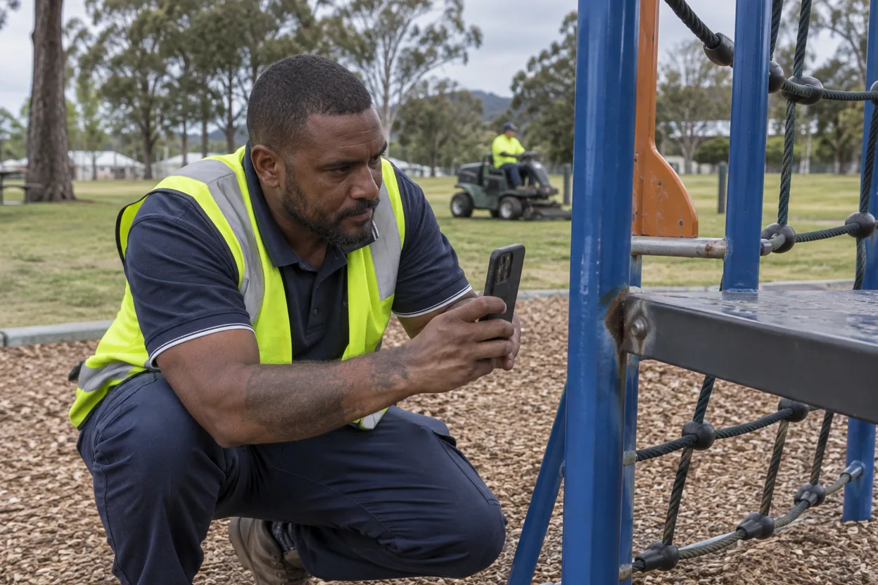 A council facilities officer photographing a fault on a playground climbing frame with a phone, a park mower visible in the background