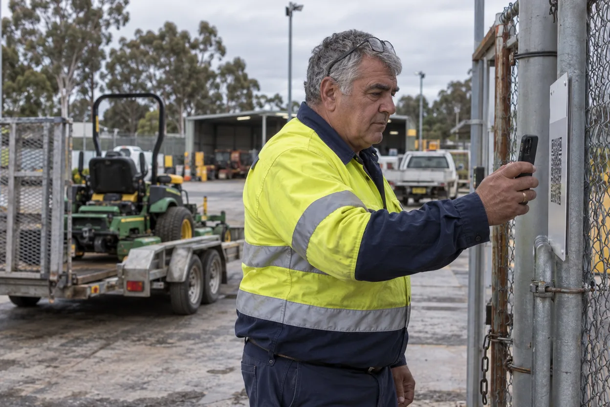 A contractor in hi-vis scanning a QR sign-in notice fixed to a chain-link fence at an unmanned council depot, a mower trailer parked behind him