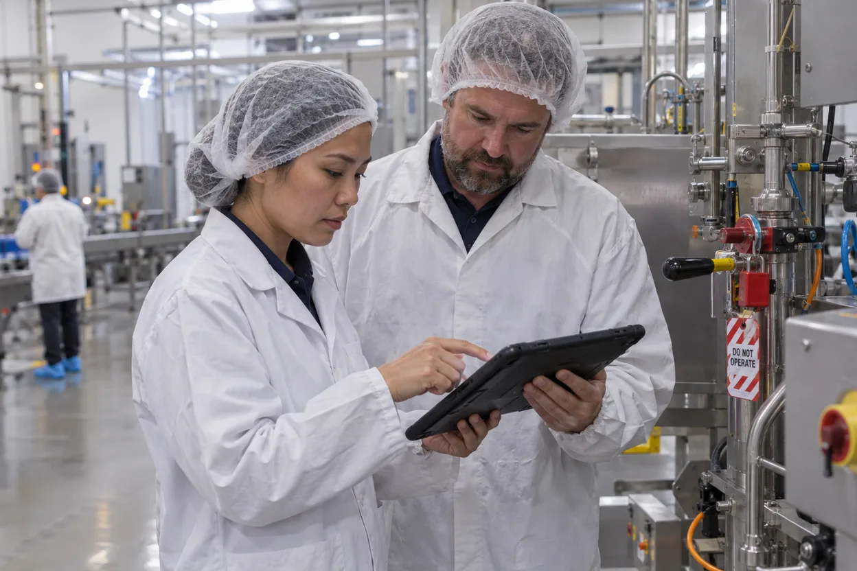 A maintenance technician and a shutdown contractor checking a tablet beside an isolated valve on a plant floor, lockout tags visible on the isolation point behind them